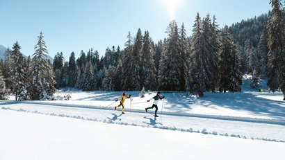 Zwei Skifahrer beim Langlaufen auf verschneiter Strecke mit Wald im Hintergrund